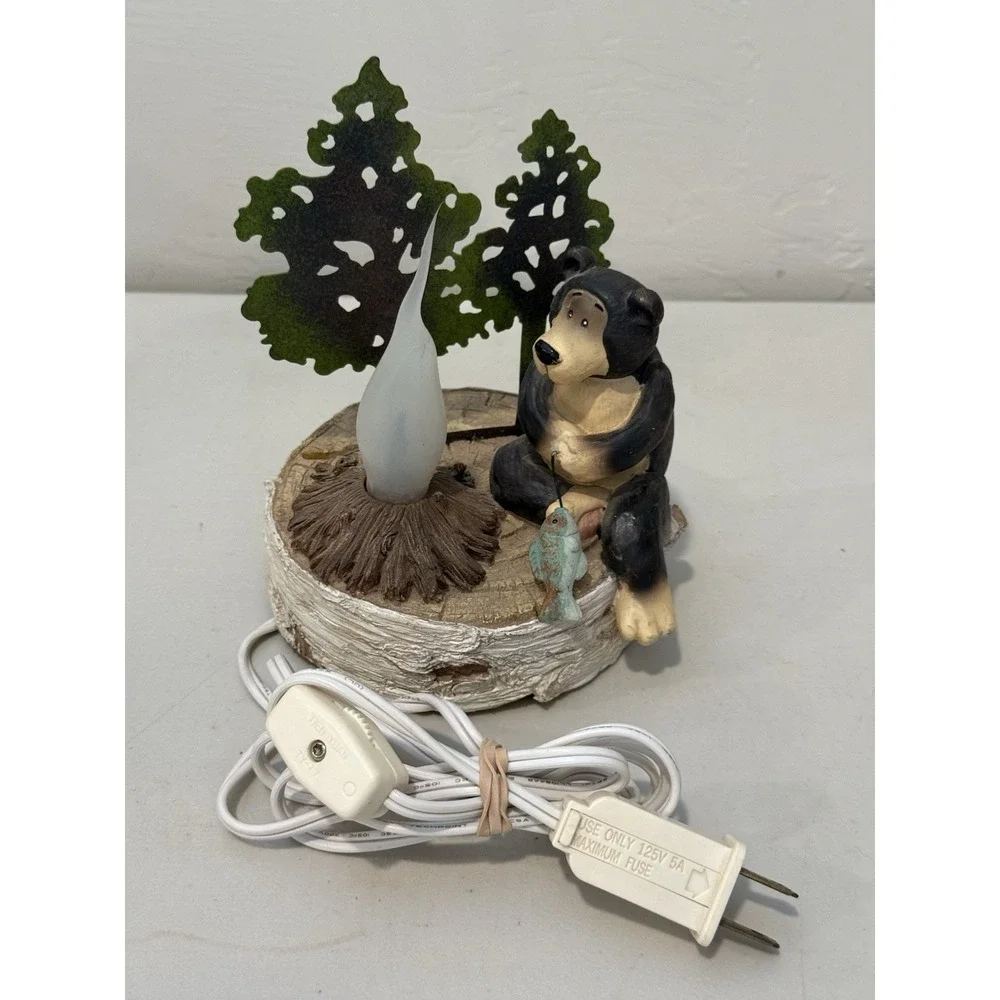 Vtg Black Bear Campfire Night Light Table Lamp Rustic Cabin Lodge Decor Flicker